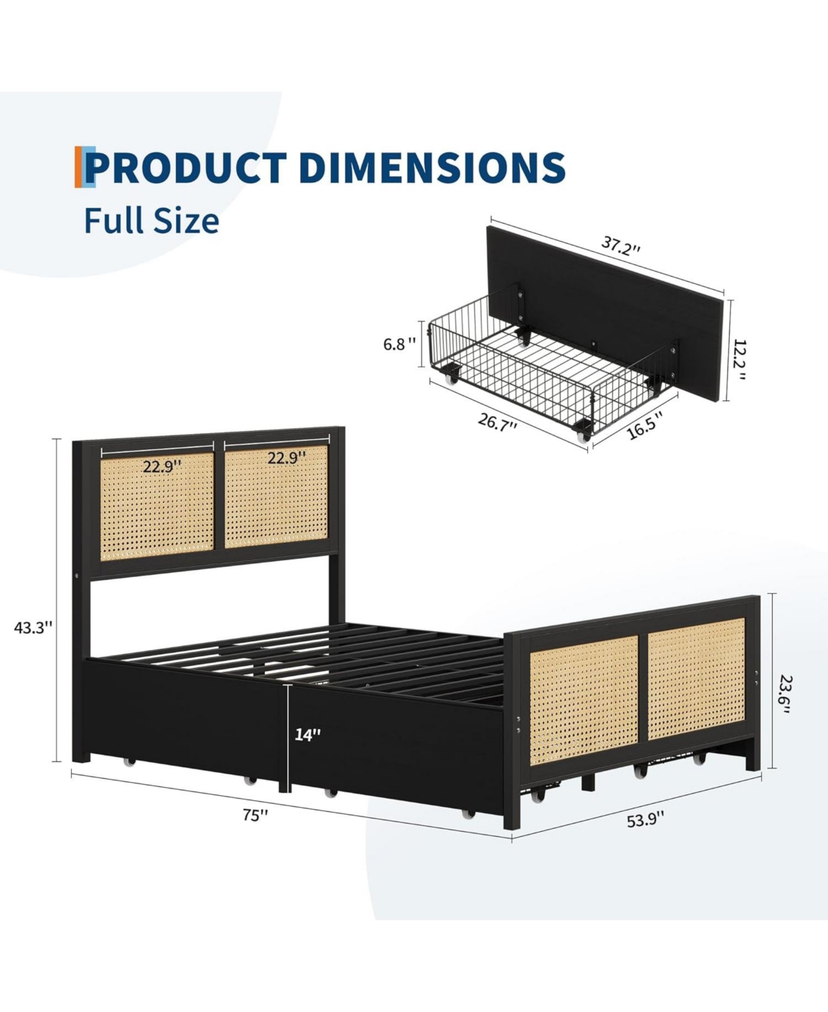 gaomon Queen Size Rattan Bed Frame with Headboard, Boho Cane Platform Bed with 4 Storage Drawers, Strong Metal Slat Support