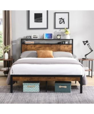 Queen Metal Platform Bed with USB Headboard