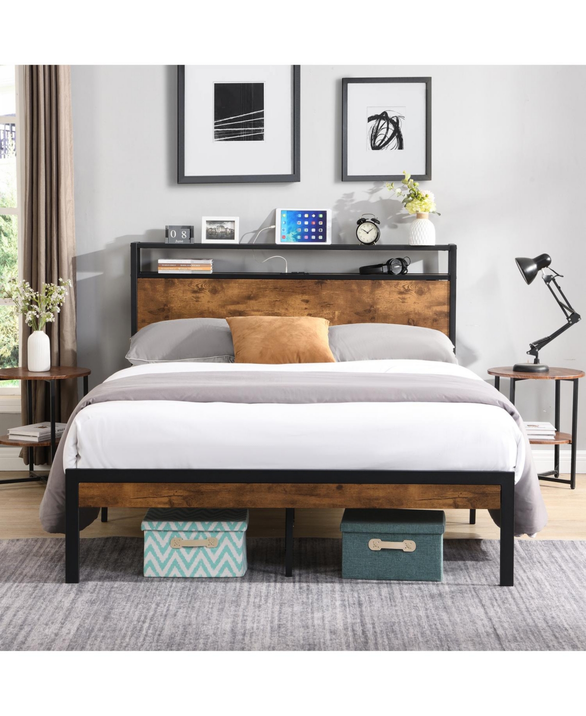 Simplie Fun Queen Size Metal Platform Bed Frame with Wooden Headboard and Usb Liner