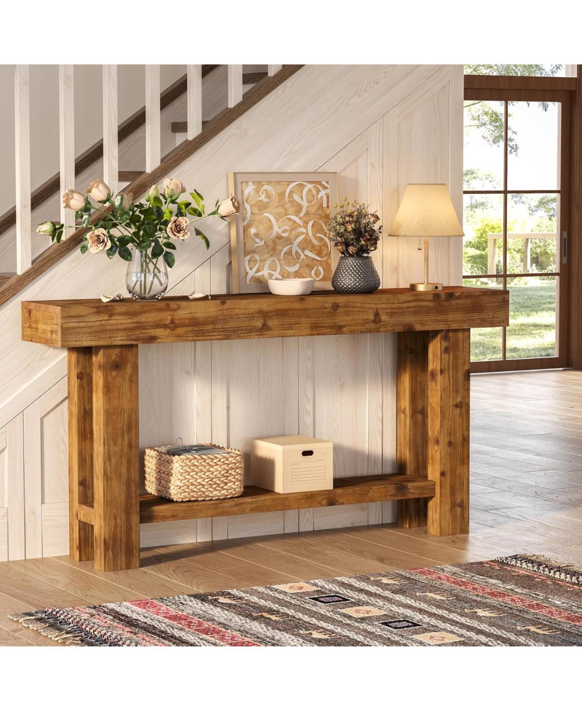 Tribesigns 63-Inch Solid Wood Long Console Table, Farmhouse Narrow Entryway Sofa Table with 2-Tier Storage, Rustic Brown