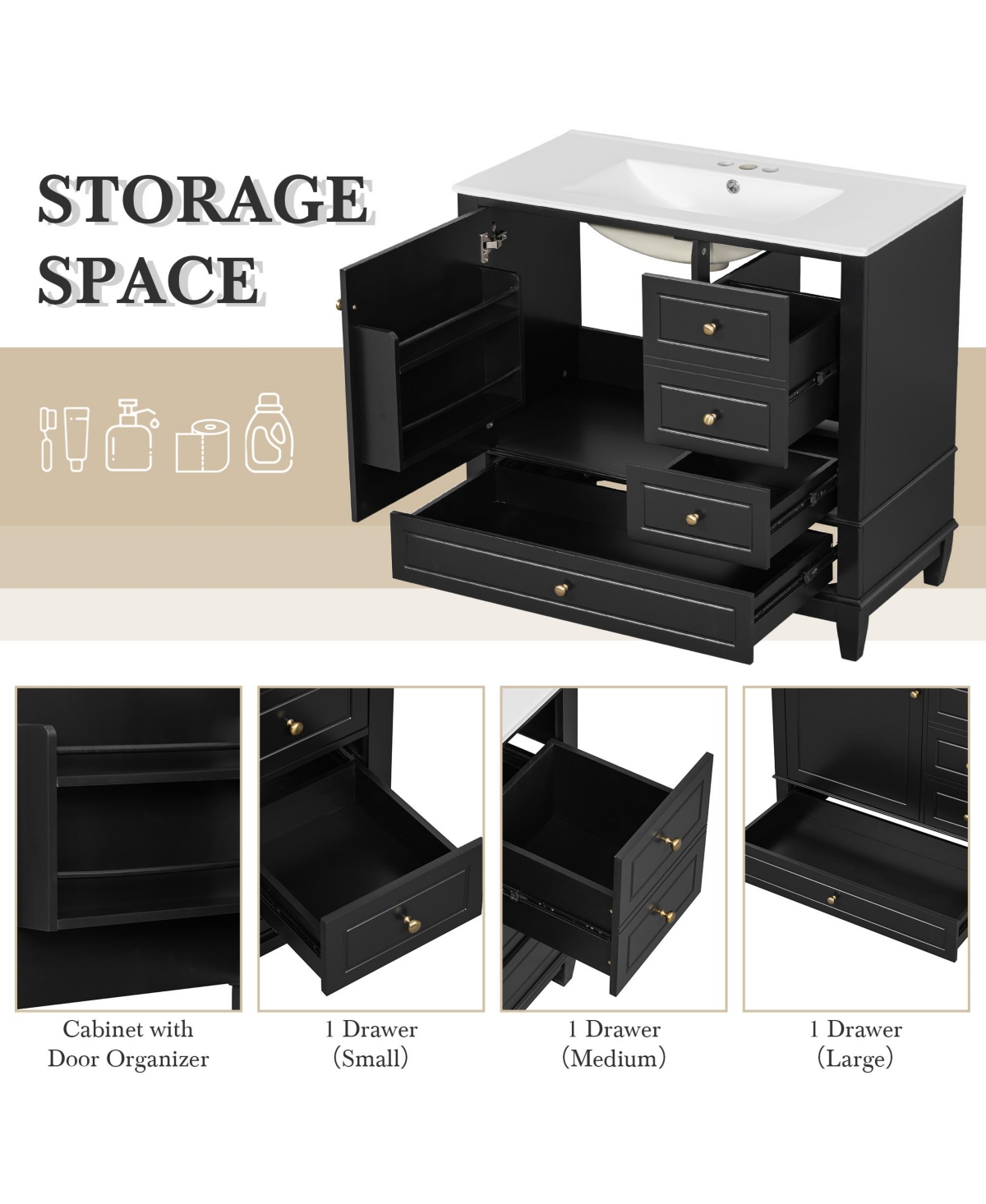 Cesicia 36 in. Freestanding Bathroom Vanity Cabinet with Ceramic Sink, Mdf and Solid Wood Base, 3 Drawers Shelves, 4 Faucet Holes