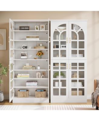 8-Tier Bookshelf with Doors and LED Lights, 68.9" Tall Bookcase with Adjustable Shelves, Modern Wooden Display Cabinet, White