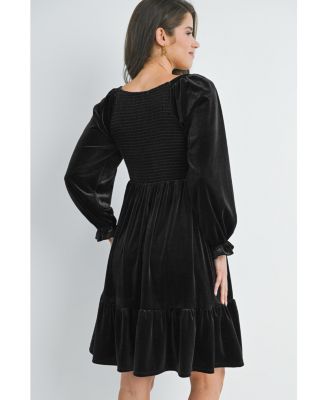 Maternity Smocked V Neck Long Sleeve Velvet Dress