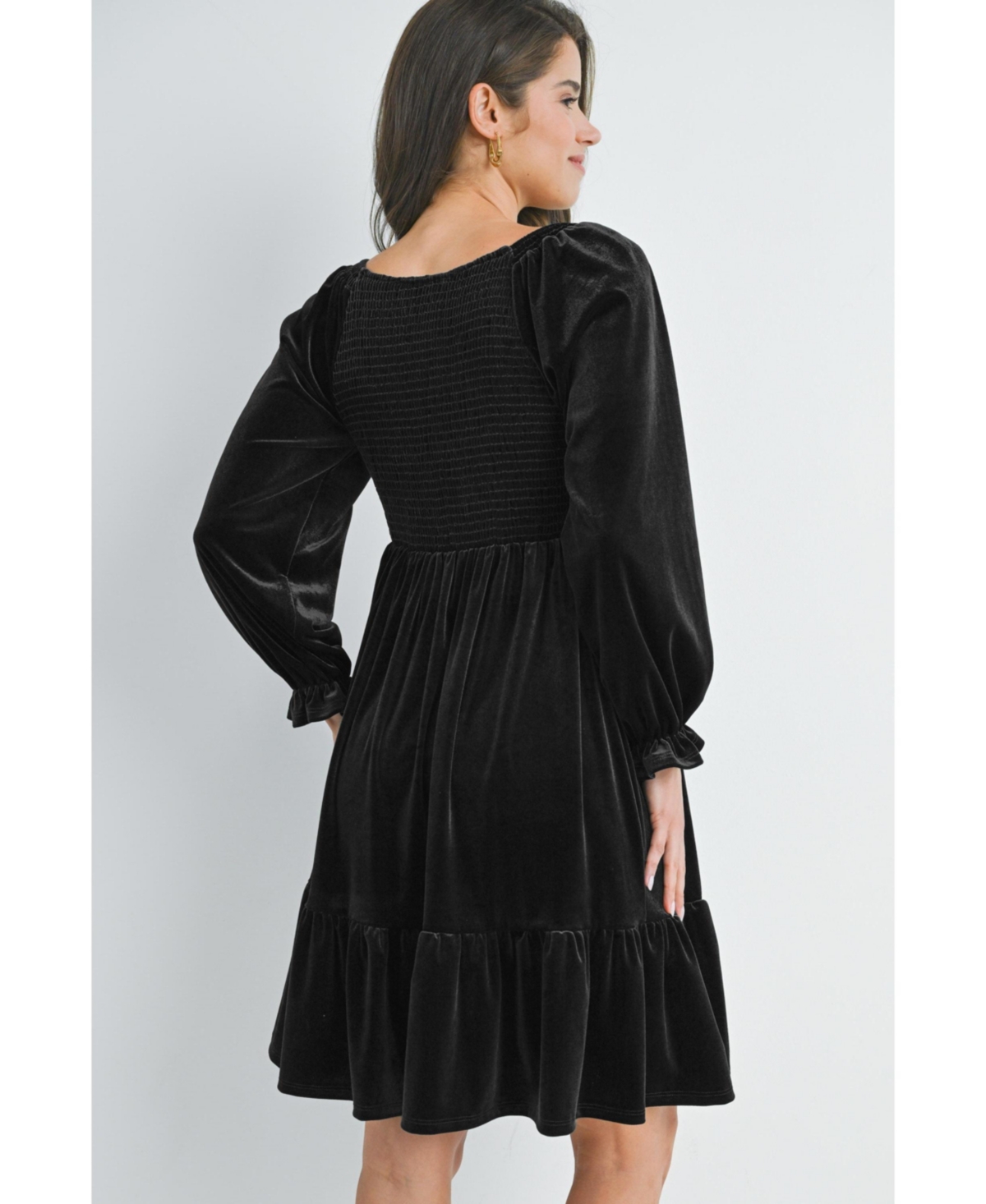 Hello Miz Maternity Smocked V Neck Long Sleeve Velvet Dress