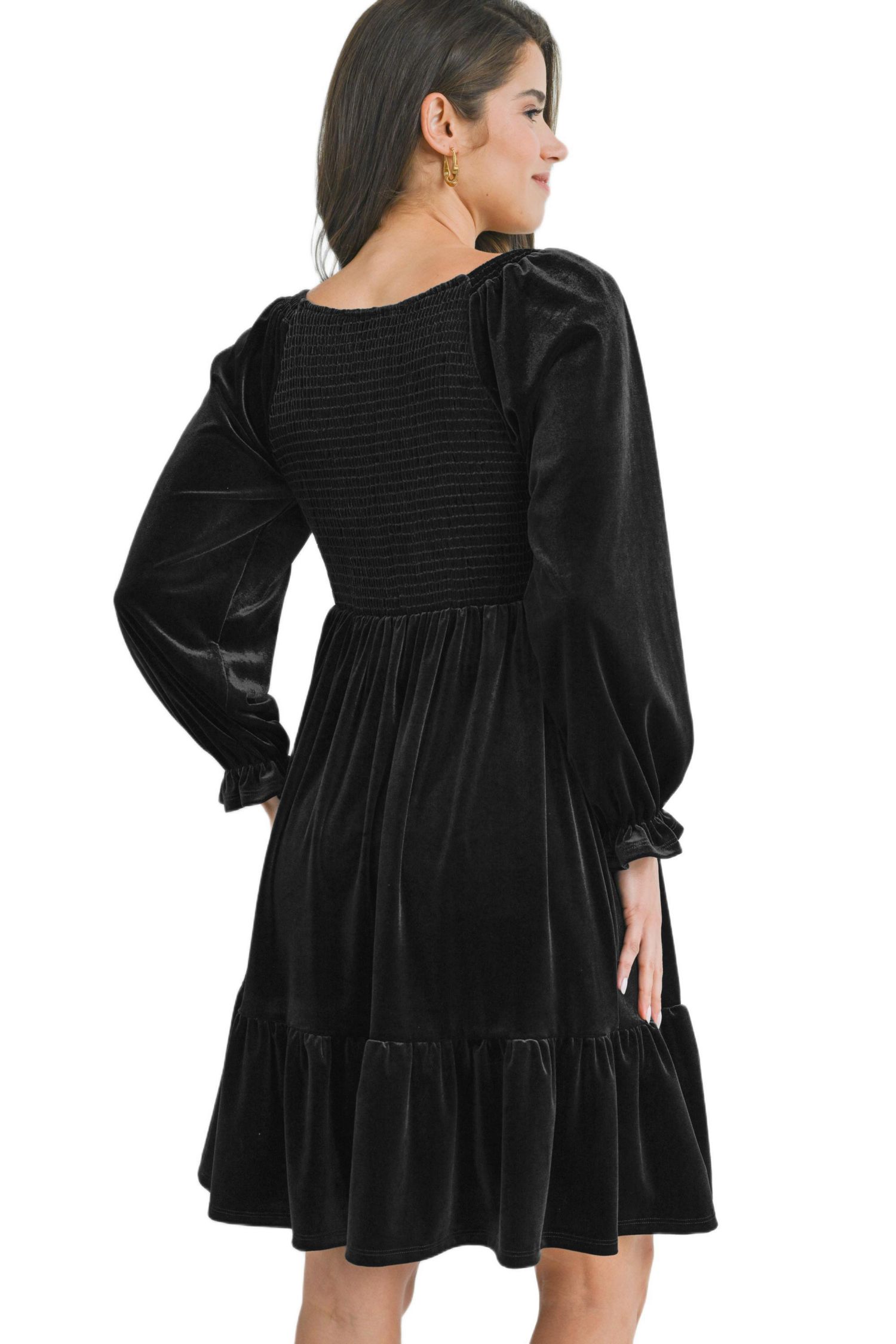 Women's Smocked V Neck Long Sleeve Velvet Dress