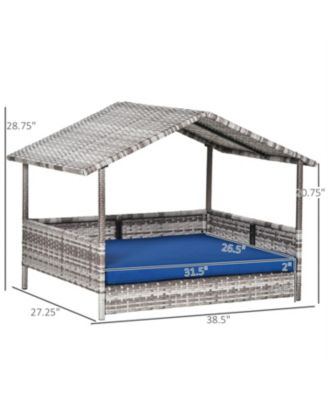 Rattan Dog House with Dark Blue Cushion for Outdoor in Gray