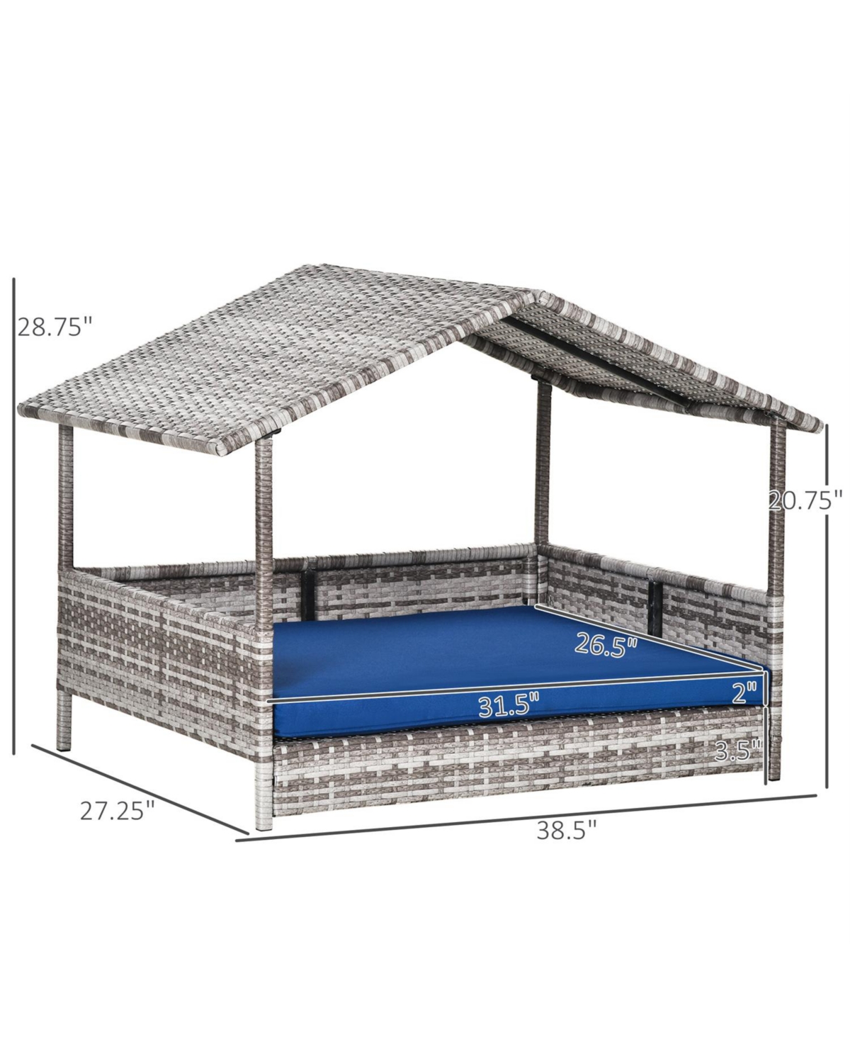 Aostirmotor Rattan Dog House with Dark Blue Cushion for Outdoor in Gray
