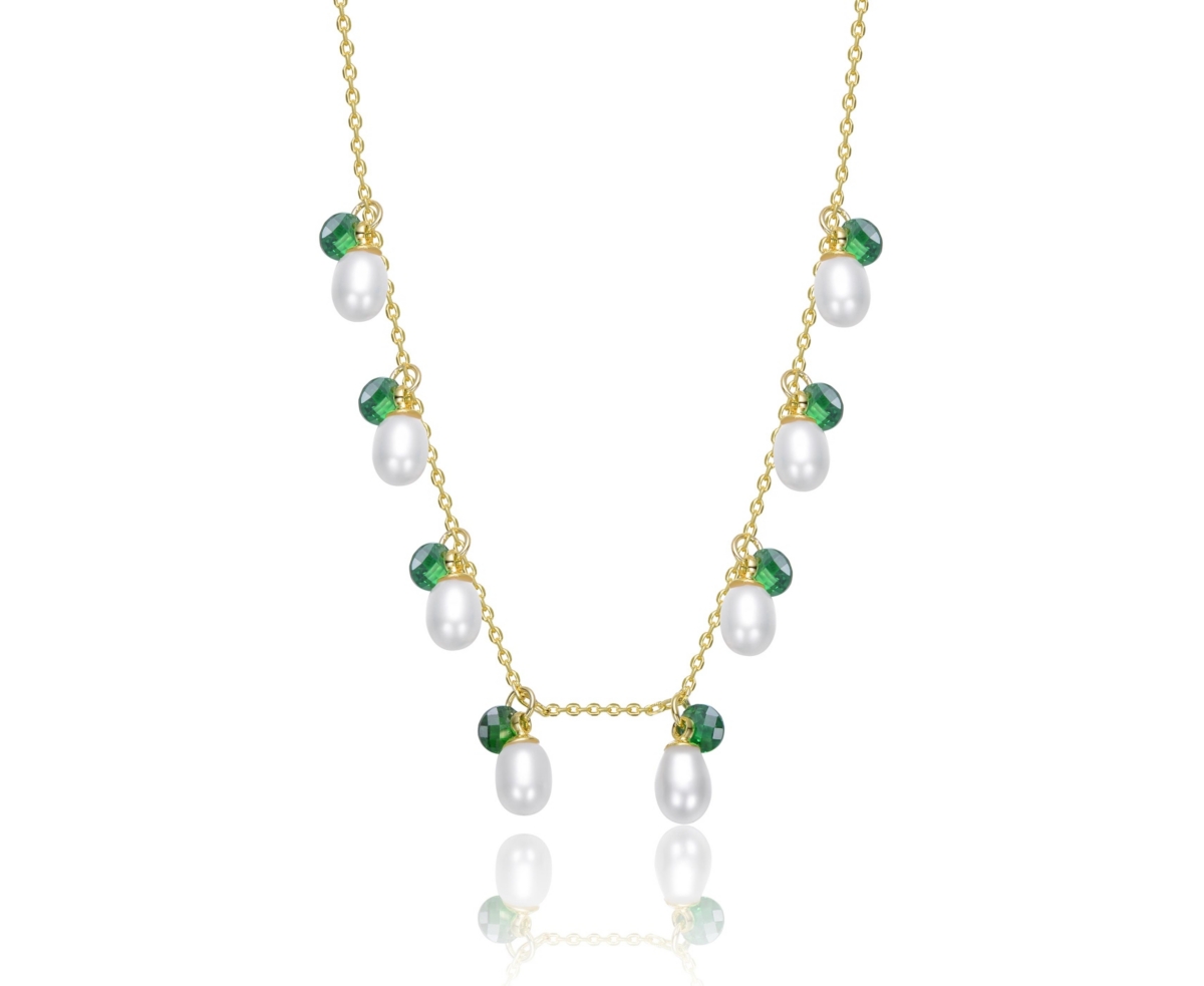 Rachel Glauber 14K Gold Plated with Mother of Pearl and Green Cubic Zirconia Charm Necklace
