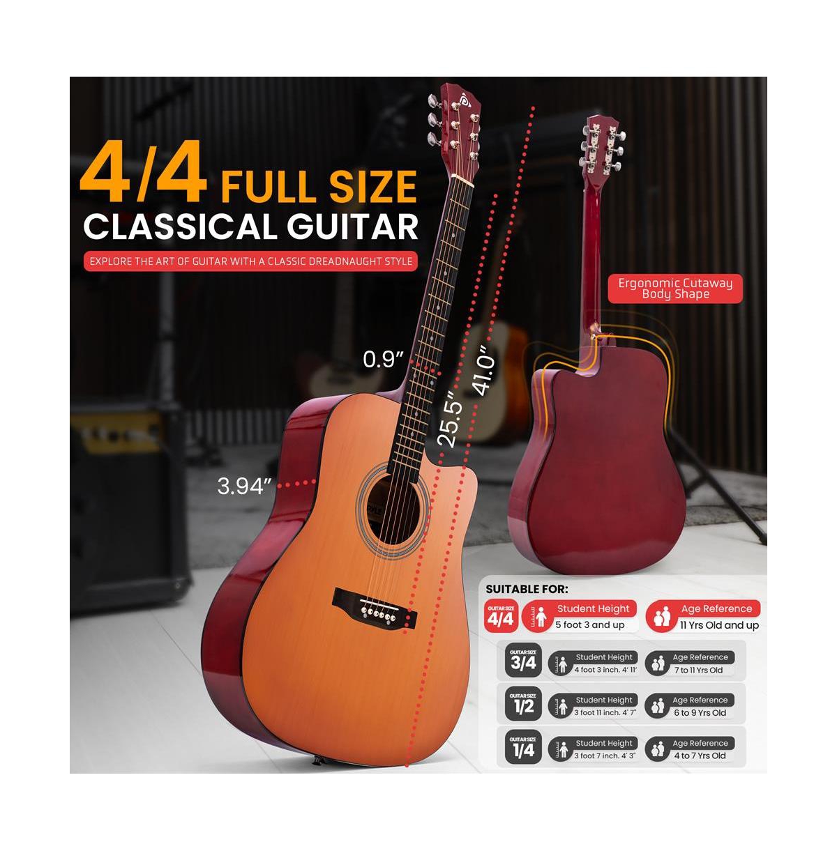 Pyle 41" Full-Size Acoustic Guitar Kit, Cutaway Body with Digital Tuner and Accessory Kit, (Lb