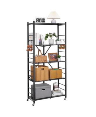 5-Tier Foldable Storage Shelf, 32"W x 14"D x 72"H, No-Assembly Metal Rack w/ Wheels & Hooks