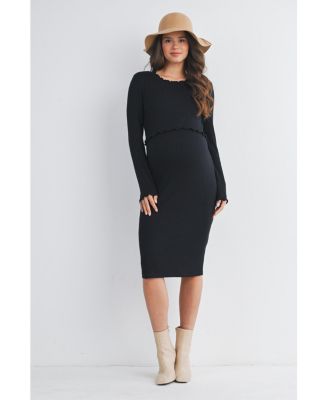 Maternity Long Sleeve Round Neck Ribbed Nursing Friendly Dress