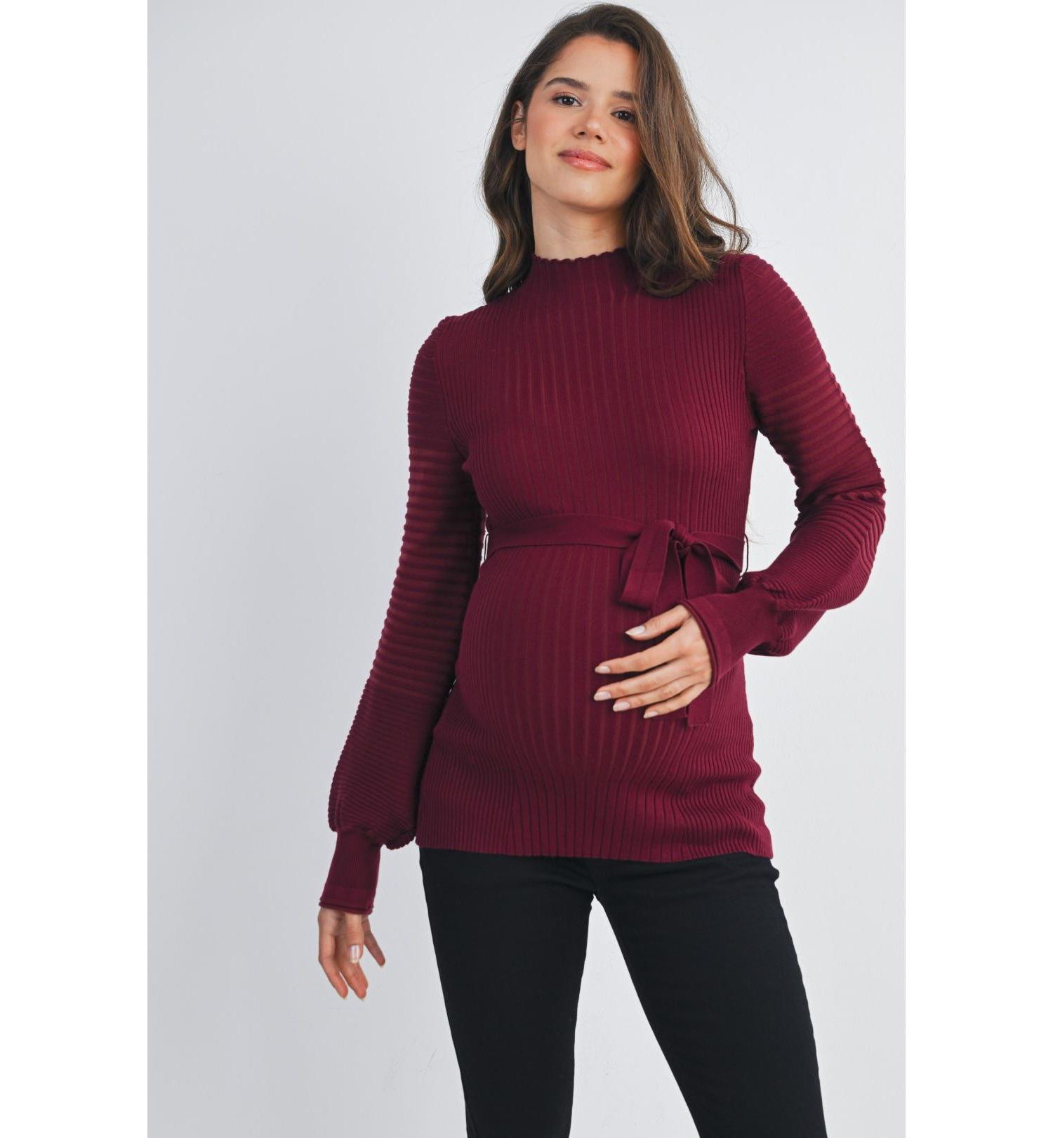 Maternity Mock Neck Long Sleeve Belted Sweater