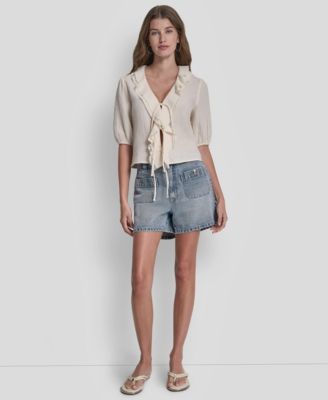 Women's V-Neck Short Puff Sleeve Tie-Front Shirt