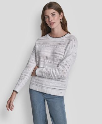 Women's Crew Neck Long-Sleeve Tipped Pointelle Sweater