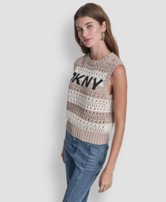 Women's Crew Neck Striped Pointelle Stitch Sweater