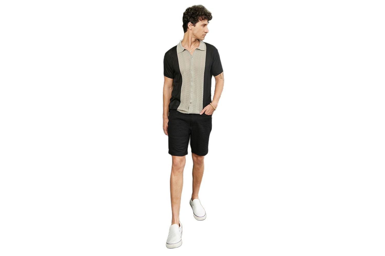 Men's Sand Beige & Onyx Black Block-Knit Slim-Fit Shirt