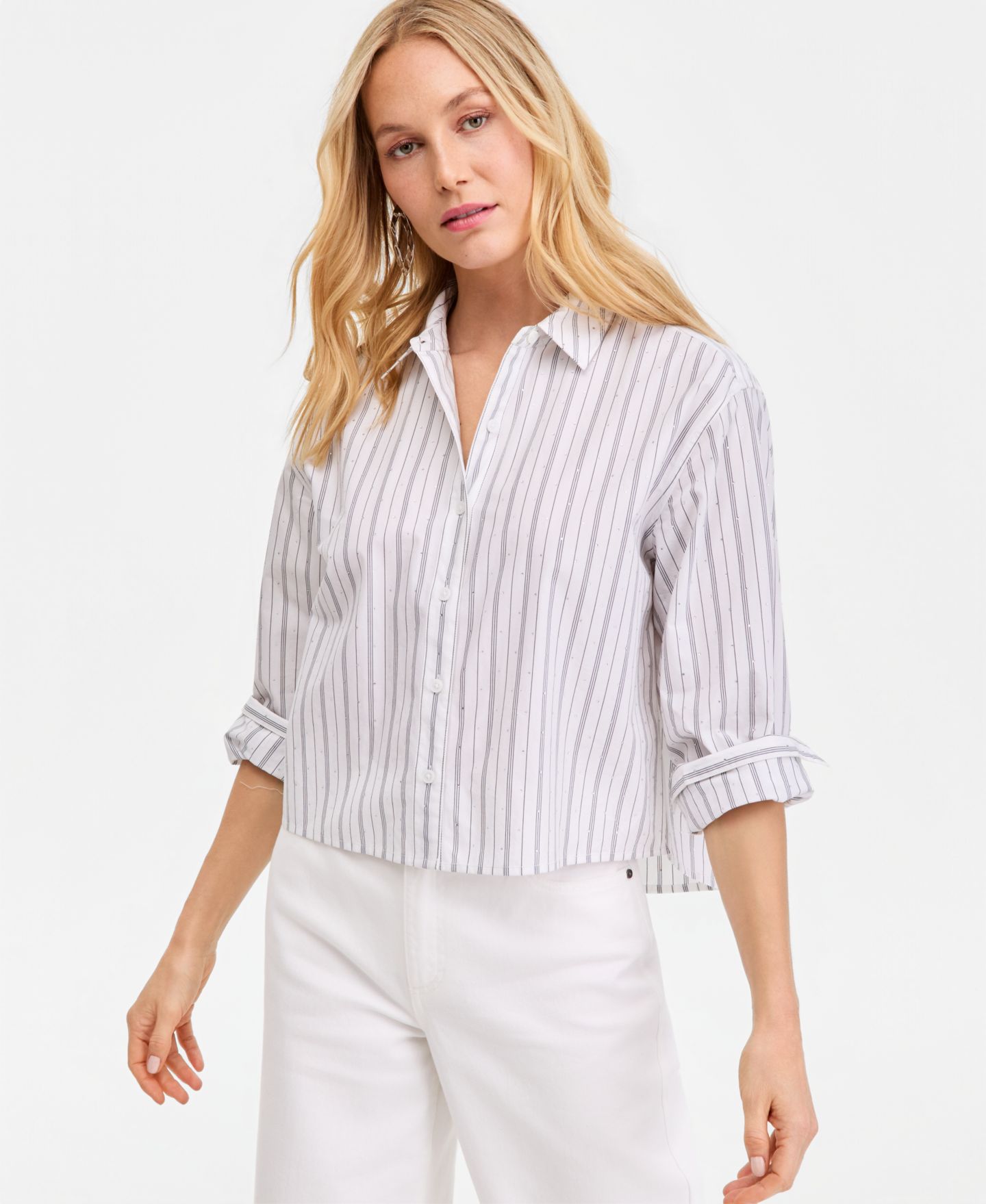 Женская рубашка I.N.C. International Concepts Crystal Embellished Button Down Shirt, цвет: Белый полосатый — фото 3