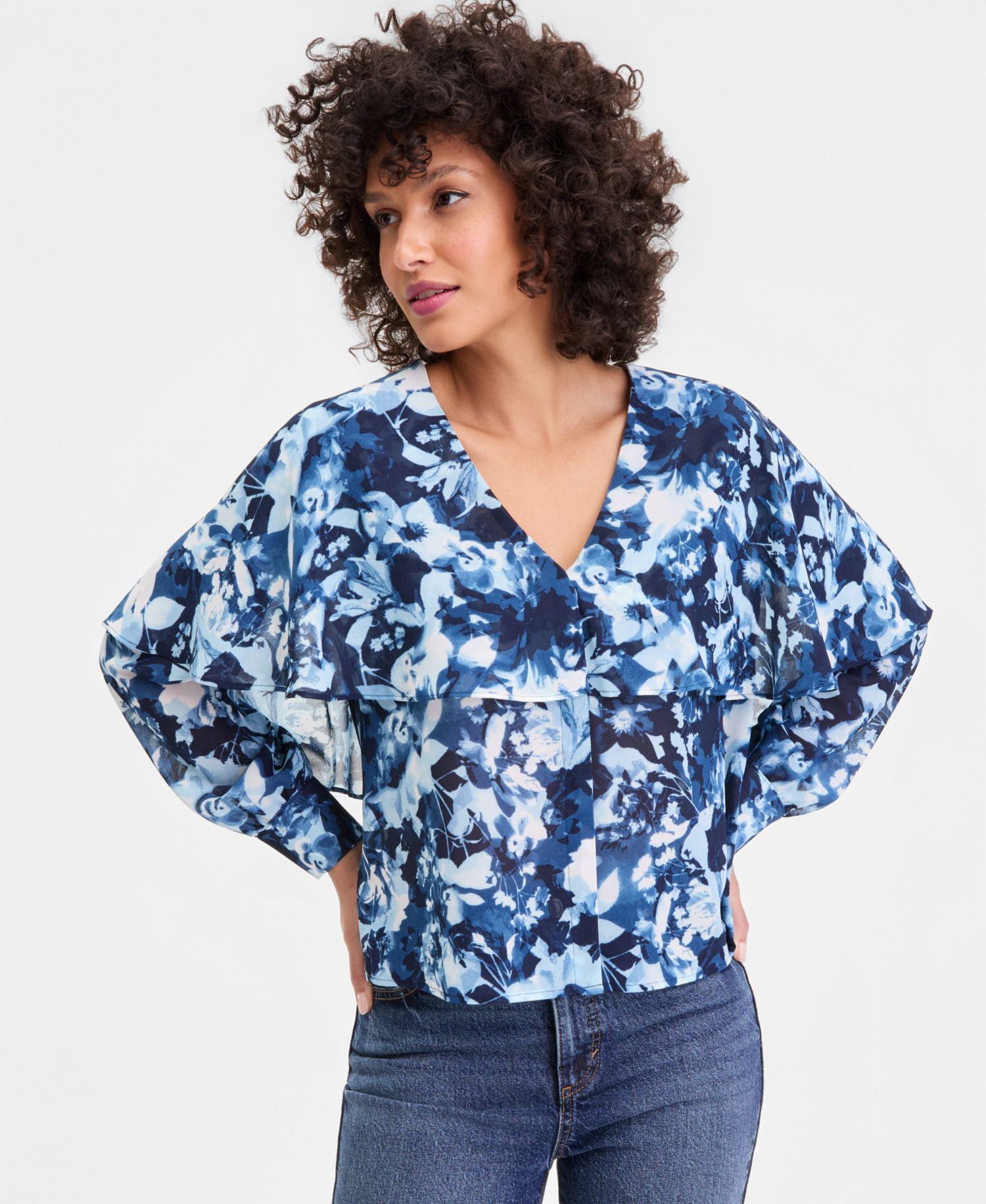 Women's Long-Sleeve Printed Capelet Blouse