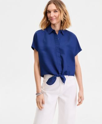 Women's Linen-Blend Tie-Front Blouse
