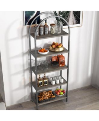 Bookshelf 5 Tier Bookcase Arched Display Racks Tall Standing Bookshelves Metal Frame Farmhouse Storage Rack Shelf Grey
