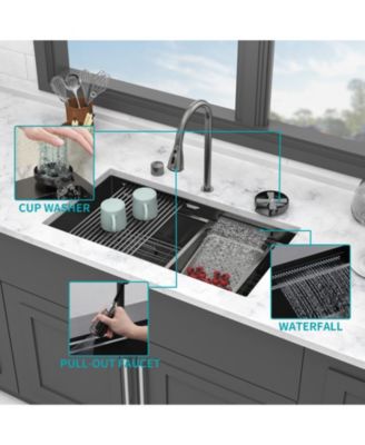 33x16.72x10inch Undermount Gunmetal Black Waterfall Kitchen Sink Stainless Steel Workstation