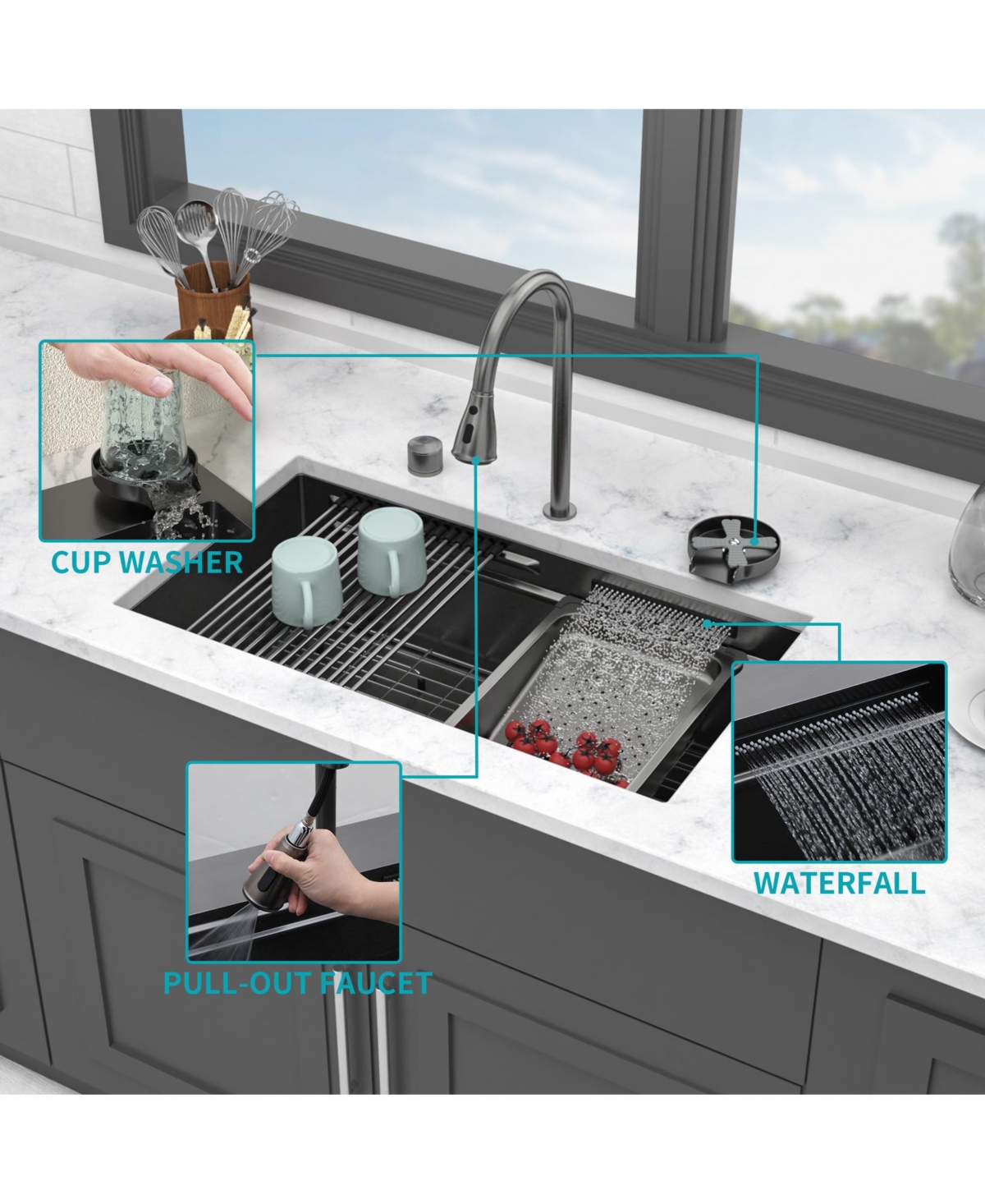 flynama 33x16.72x10inch Undermount Gunmetal Black Waterfall Kitchen Sink Stainless Steel Workstation