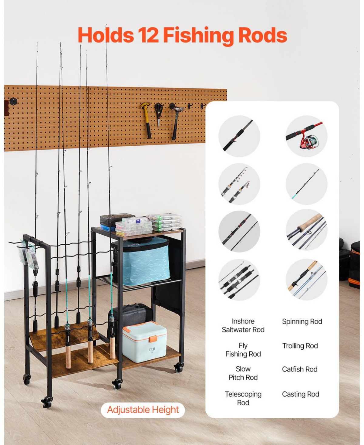 Mecale Fishing Rod Holder, 12-Rod Mobile Pole Rack Cart with Wheels for Garage or Home Fishing Gear Storage