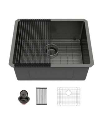 23inch Gunmetal Black Undermount Kitchen Sink 16G T304 Nano Stainless Steel Single Bowl 23x18x10inch 10inch Deep Sink with Full Accessories