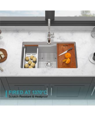 Undermount Workstation Single Bowl Porcelain Fireclay Kitchen Sink Dual Mount White Rectangular Deep Basin