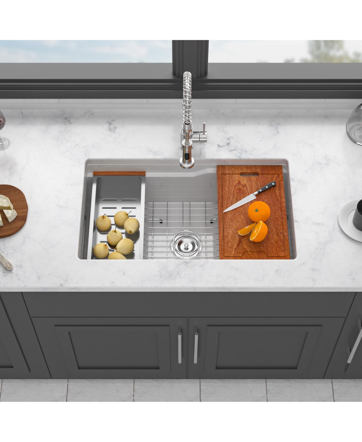 flynama Undermount Workstation Single Bowl Porcelain Fireclay Kitchen Sink Dual Mount White Rectangular Deep Basin