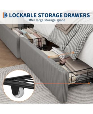 Upholstered Platform Bed Frame with Storage Drawers, Corduroy Wingback with Tufted Headboard and Footboard