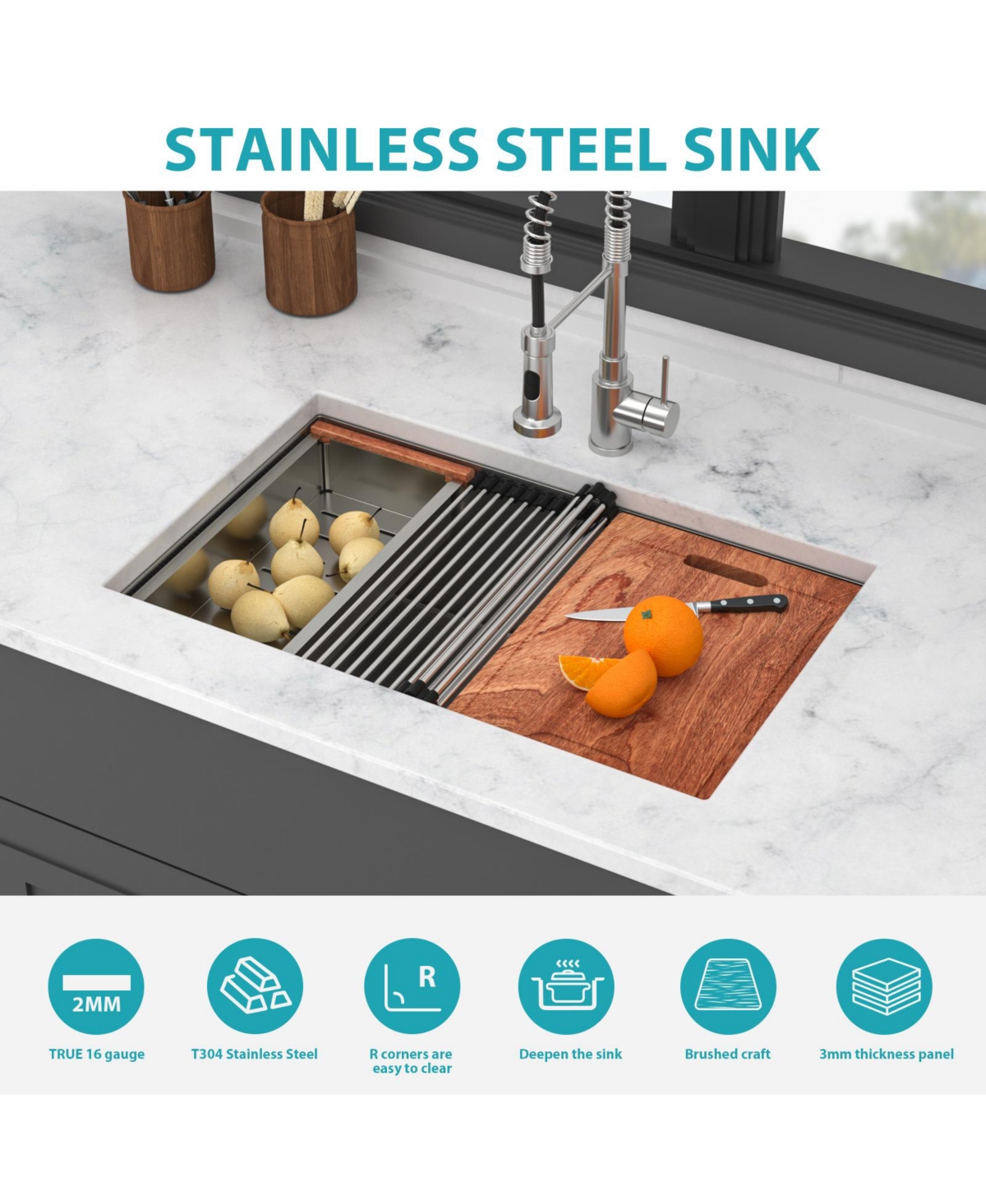 flynama Undermount Workstation Kitchen Sink Single Bowl 16 Gauge Stainless Steel