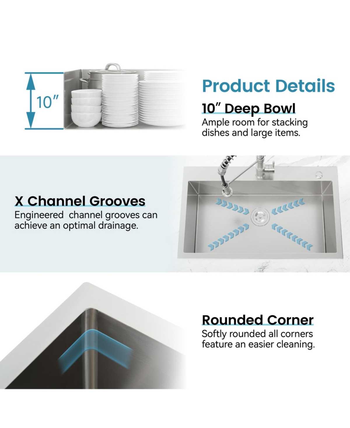 flynama Overmount Single Bowl Dark Gray 304 Stainless Steel Handmade Kitchen Sink with Us Standard Drain and Hook