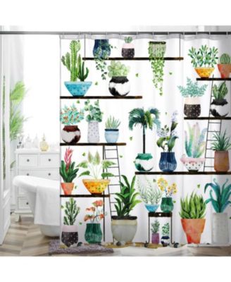 72-in. Watercolor Plants Botanical Floral Flower Pots Succulents Shower Curtain