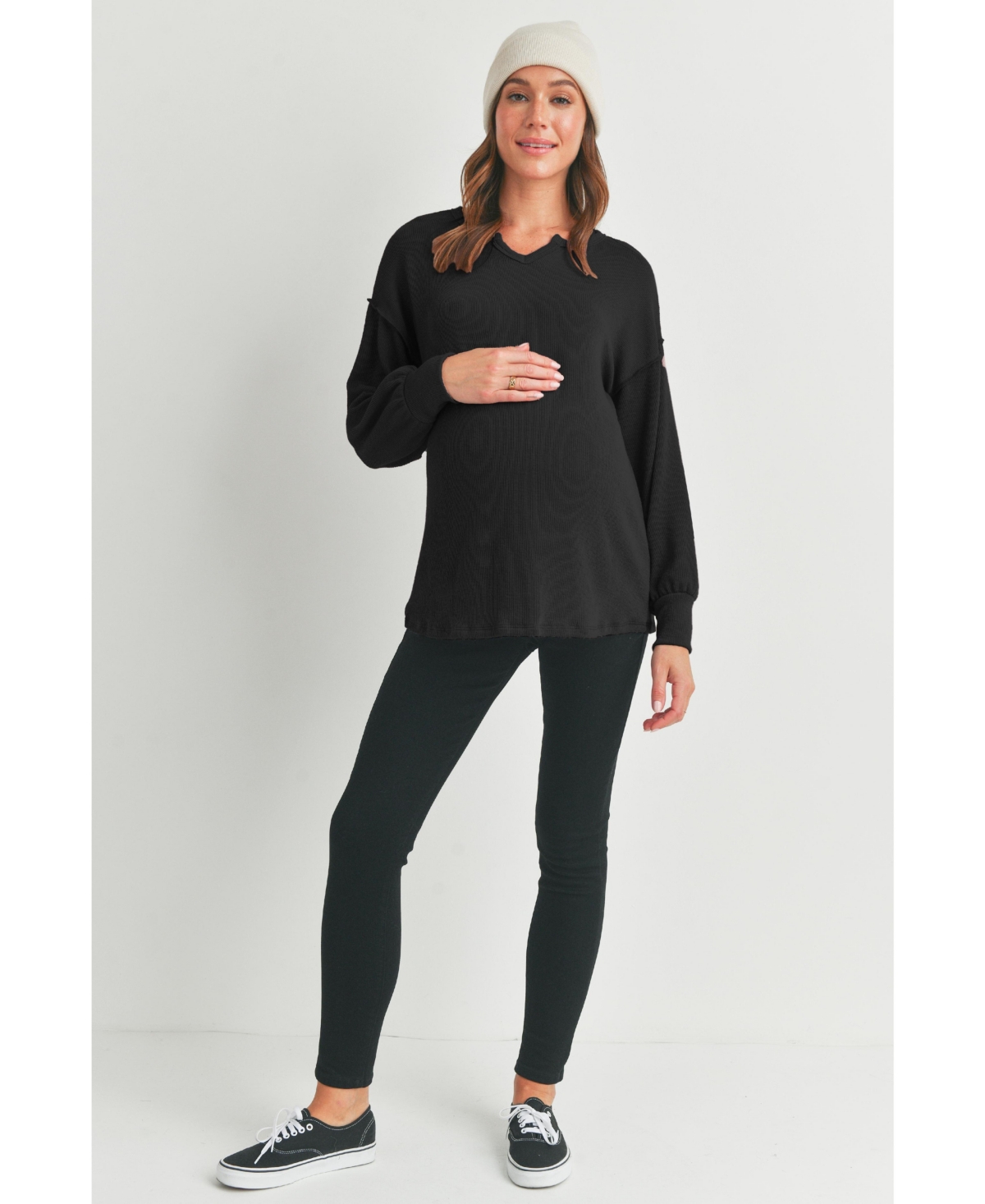 Hello Miz Maternity Ribbed Split Neck Long Sleeve Top
