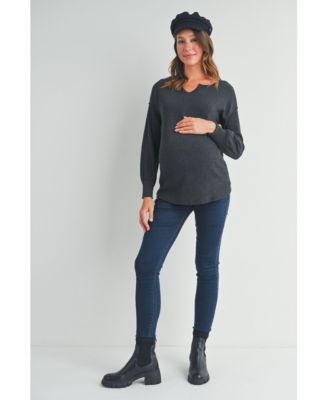 Maternity Ribbed Split Neck Long Sleeve Top