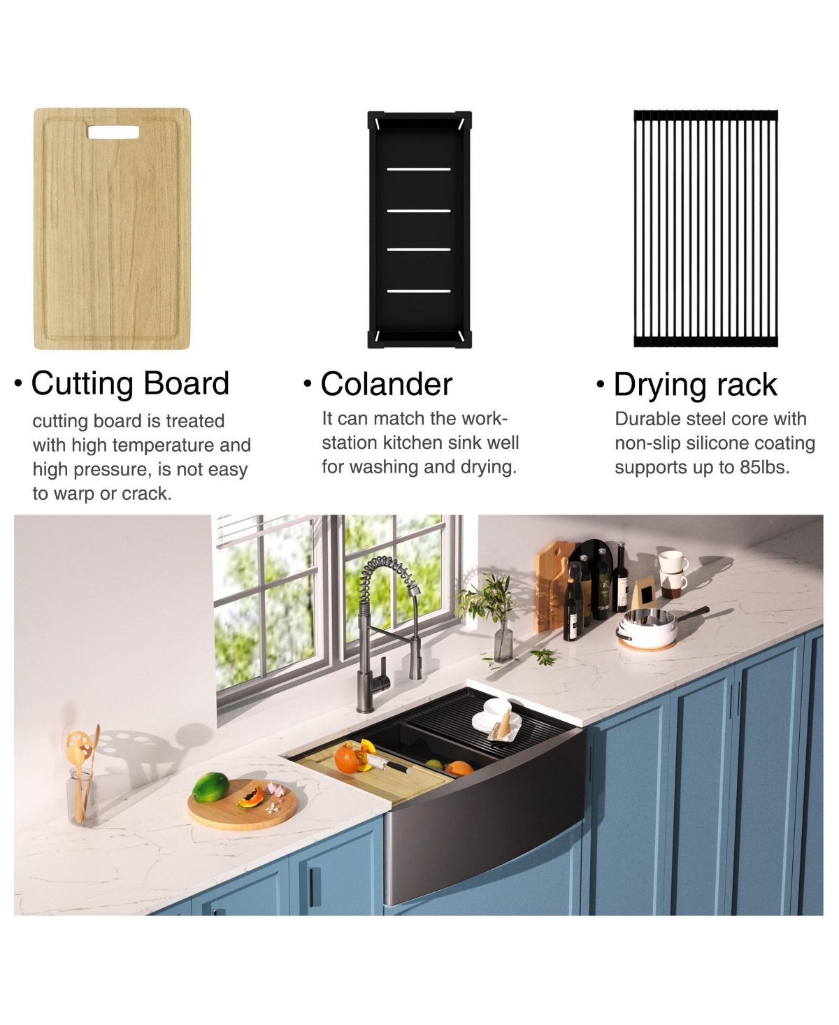 flynama huluwat 33x22x10inch Gunmetal Black Farmhouse Workstation Kitchen Sink All In One Stainless Steel