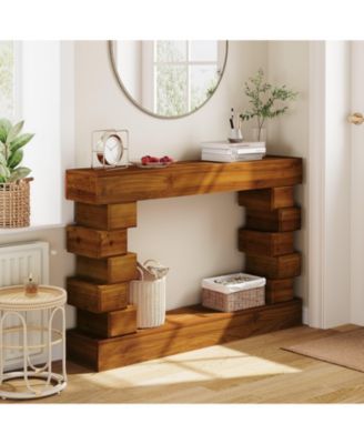 Geometric Block Stacked Wood Console Table with Warm Natural Finish, Entryway Table