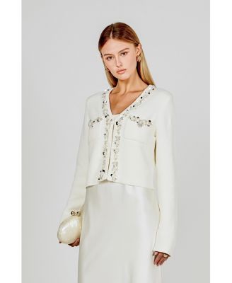 Women's Boucle Knit Jewel Trim Cardigan