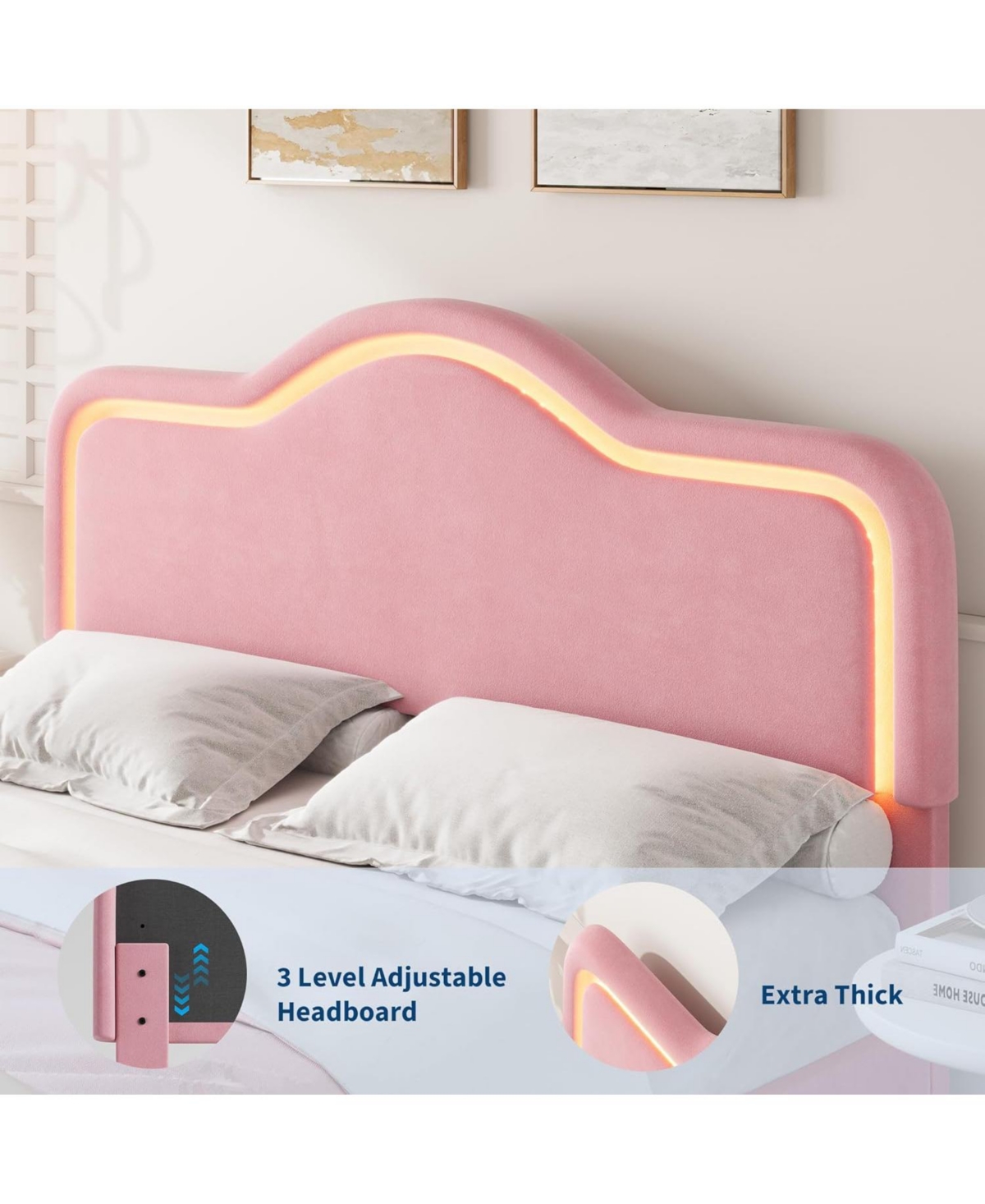 gaomon Velvet Bed Frame with Led Head/Footboard, Princess Platform for Kids