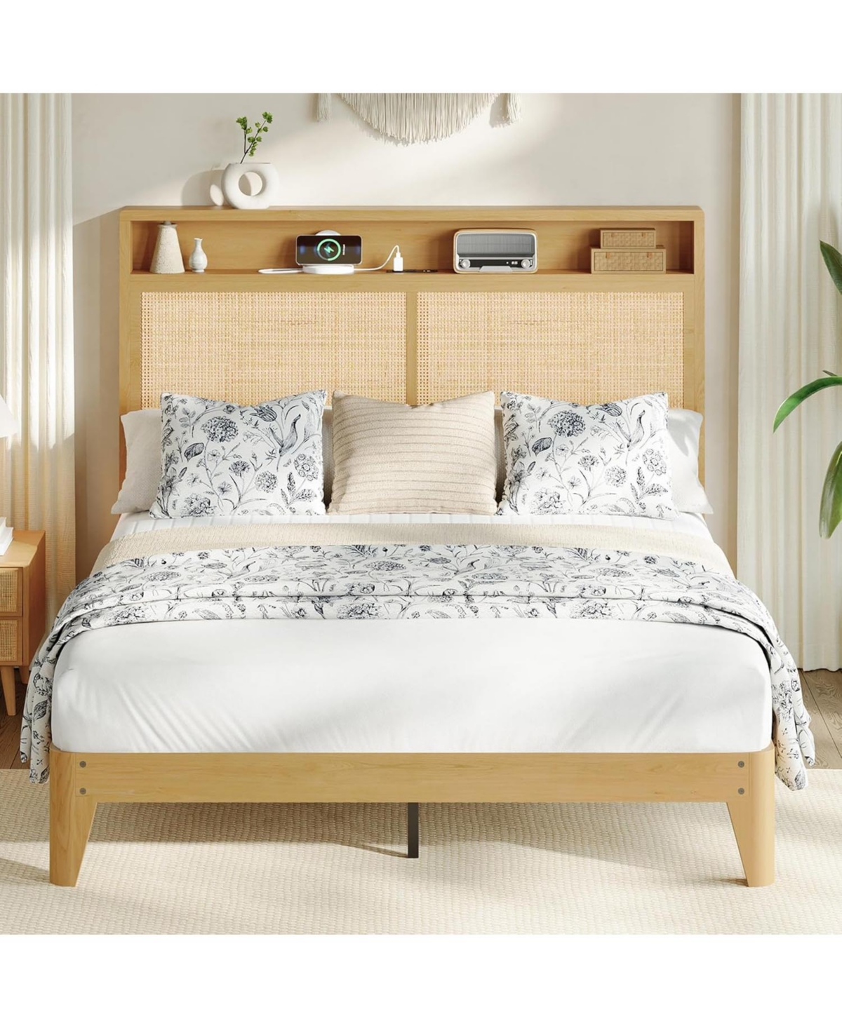 gaomon Rattan Bed Frame with Natural Rattan Headboard