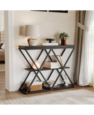 Industrial 3-Tier Entryway Table with X-Shaped Metal- Warm Rustic Vintage Wood Tone, Double X Metal Frames with 2 Shelves