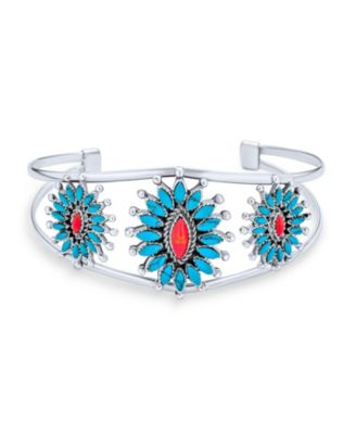 Western Navajo Style Red Blue Turquoise Conoch Flower Blossom Wide Cuff Bracelet .925 Sterling Silver