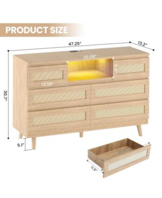 Rattan Dresser for Bedroom, 47" Wide Chest of Dressers with 6 Deep Drawers