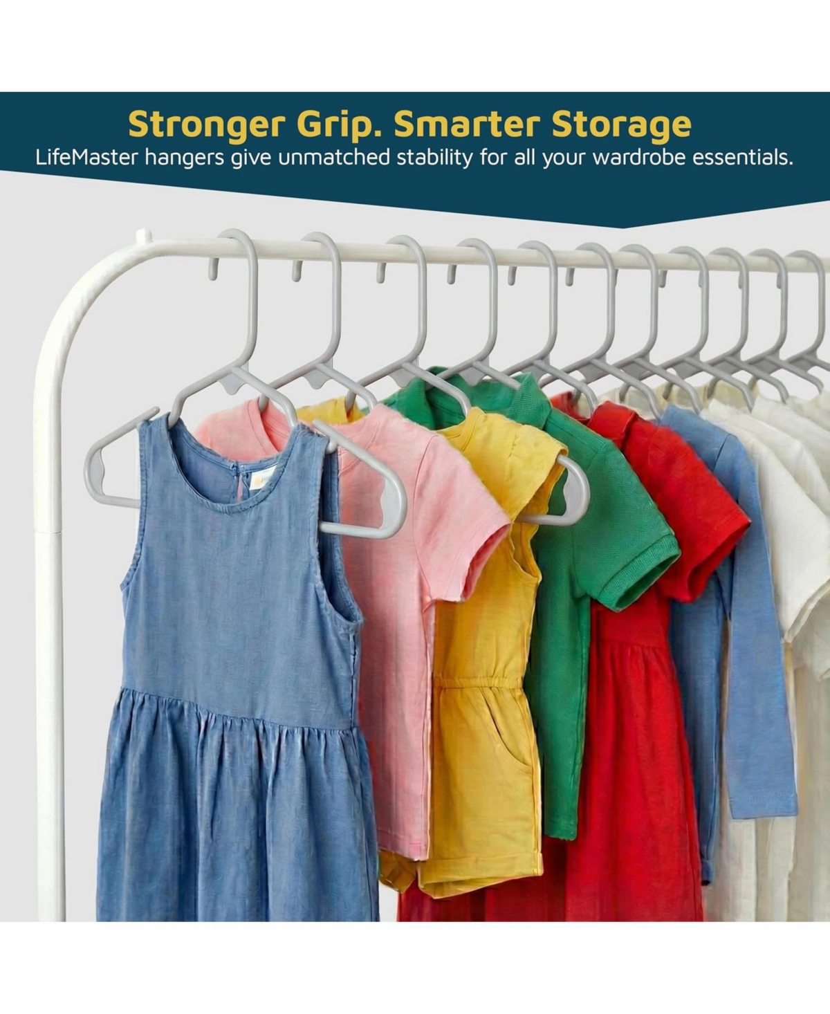 Lifemaster Kids Plastic Hangers, Gray, 11.6", with shoulder notches, space-saving, hold 5 lbs, ideal for baby, toddler & kids clothes, 20-pack.