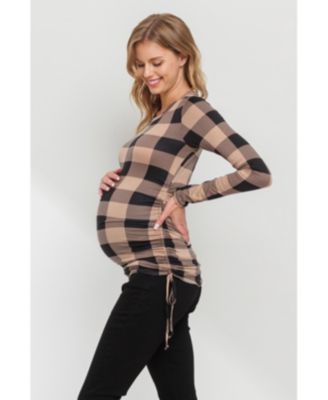 Maternity Plaid Side Ruched Long Sleeve Top