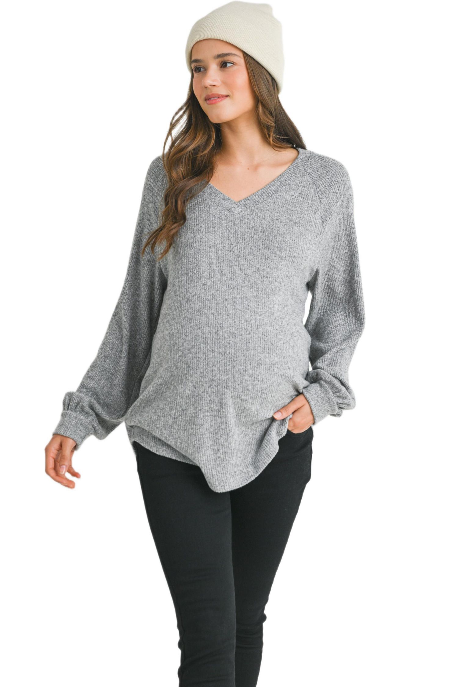Maternity Ribbed Long Sleeve V Neck Sweater