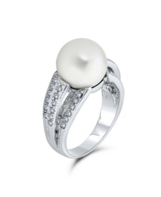"Large White Pearl Cocktail Ring with Pave CZ Band, Silver Plated"