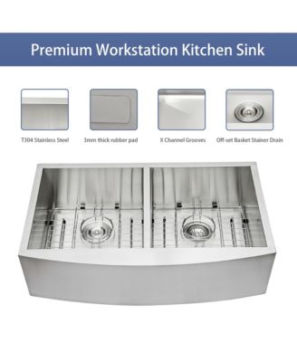 36" x 20" x 9" Double Bowl Farmhouse Kitchen Sink, Stainless Steel, Apron Front, 16-Gauge, 50/50 Split