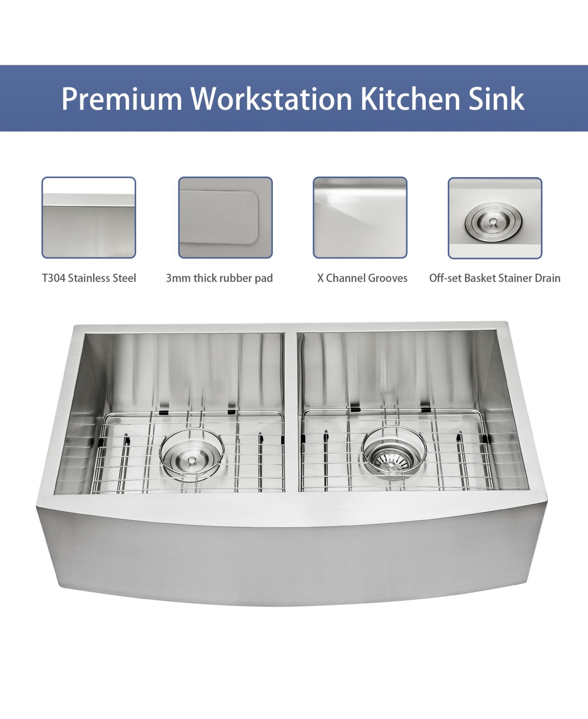 Flynama 36" x 20" x 9" Double Bowl Farmhouse Kitchen Sink, Stainless Steel, Apron Front, 16-Gauge, 50/50 Split